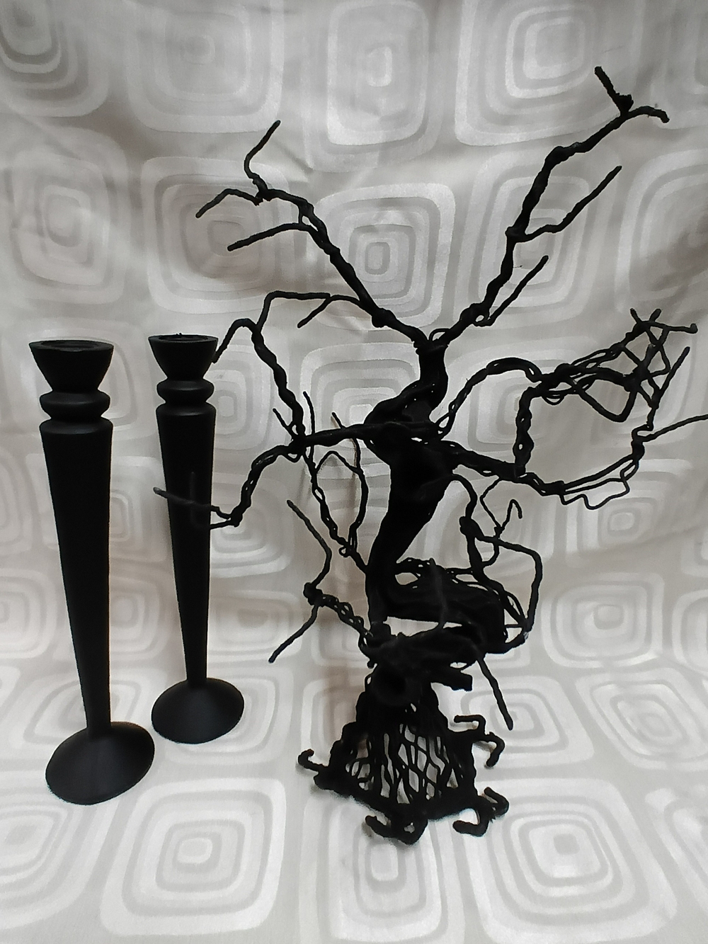 Spooky Black Tree And 2 Pc Black Candle Sticks Halloween Decor